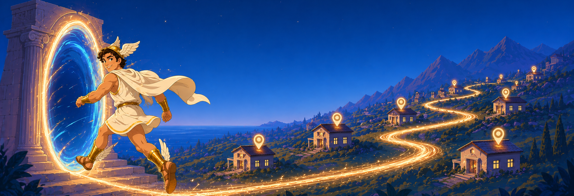 Hermes stepping through a glowing portal, with an illuminated winding path through residential neighborhoods in the background